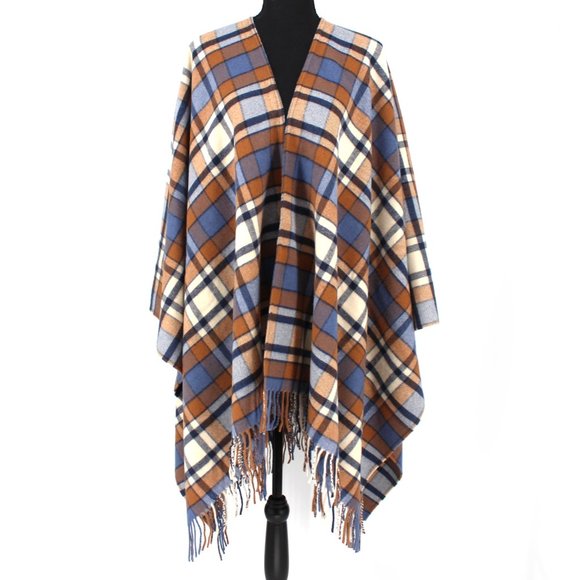 Doen Ember Wrap Saint Moritz Plaid Blue Tan Wool Cashmere Fringe Trim Small - Picture 3 of 7